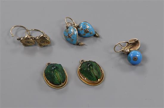 A pair of scarab earrings(lacking wires) and three other pairs including Victorian heart shaped turquoise and seed pearl.